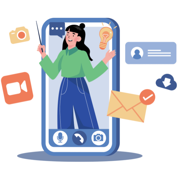 Un grafico de una mujer dentro de un celular Gestionando Redes Sociales