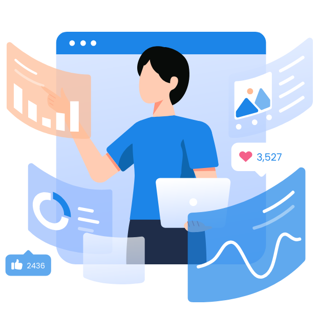 Grafico de una persona de rodeada de gráficos de Marketing Digital