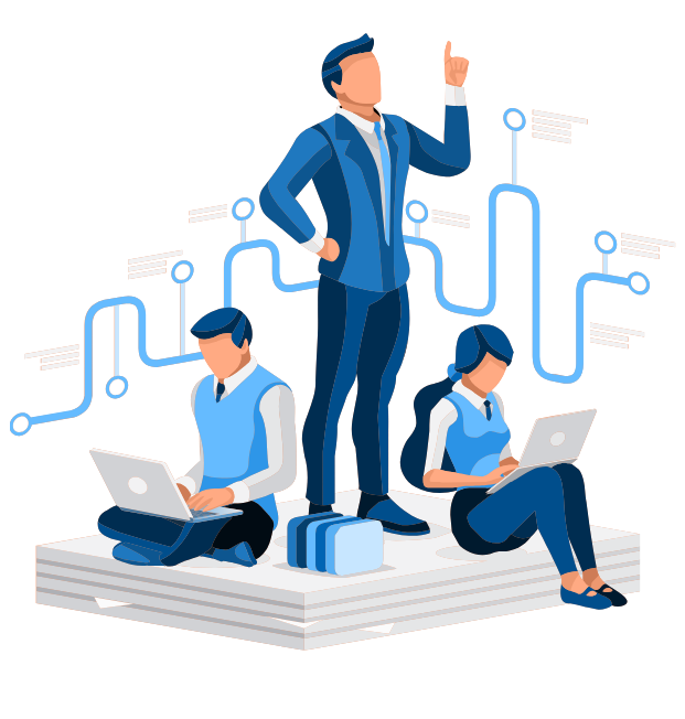 Un grafico que muestra a tres personas, un lider y dos personas trabajando en su laptop